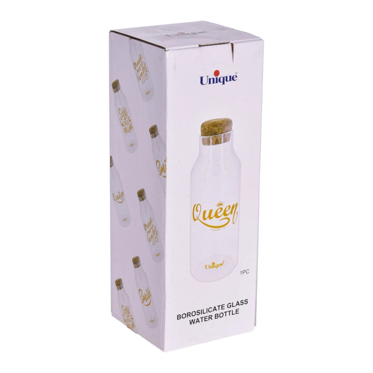 بطری آب شیشه ای یونیک UN-3071 ظرفیت ۹۰۰ میل با درب چوبی