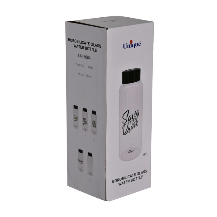 بطری آب شیشه ای با درب مشکی 1030میل یونیک کد UN-3064
