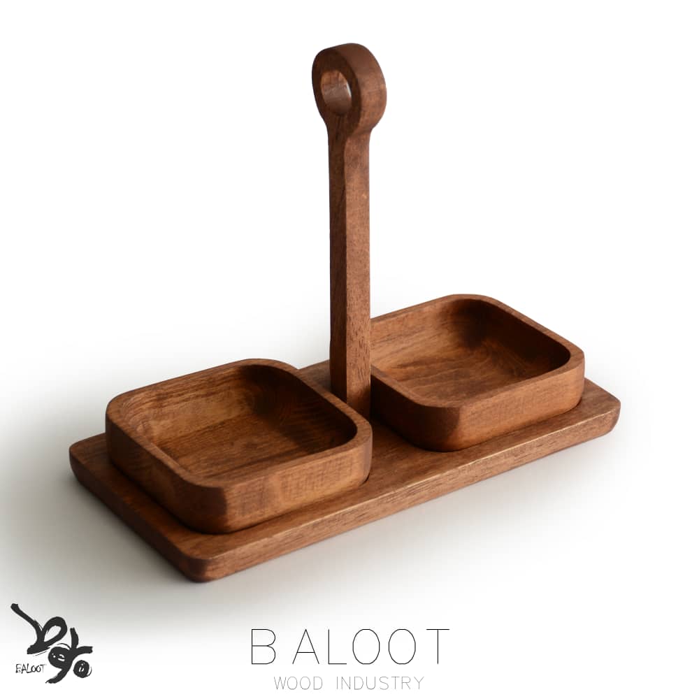 آجیل‌خوری چوبی دوخانه دسته‌دار لوکس بلوط – کد 3371