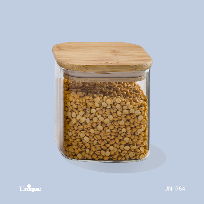 بانکه شیشه ای یونیک مدل UN-1764 درب چوبی سایز ۱۰ سانت