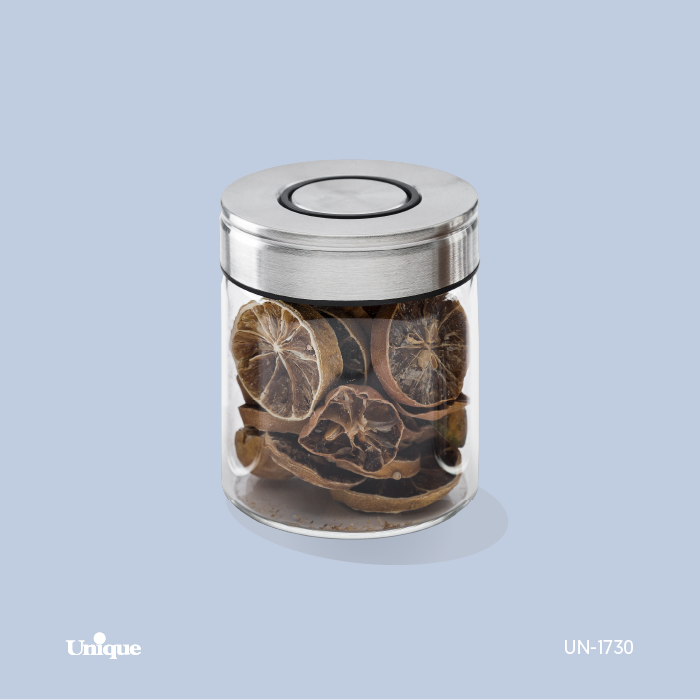 بانکه شیشه ای یونیک کد UN-1730 سایز ۶ سانت درب استیل